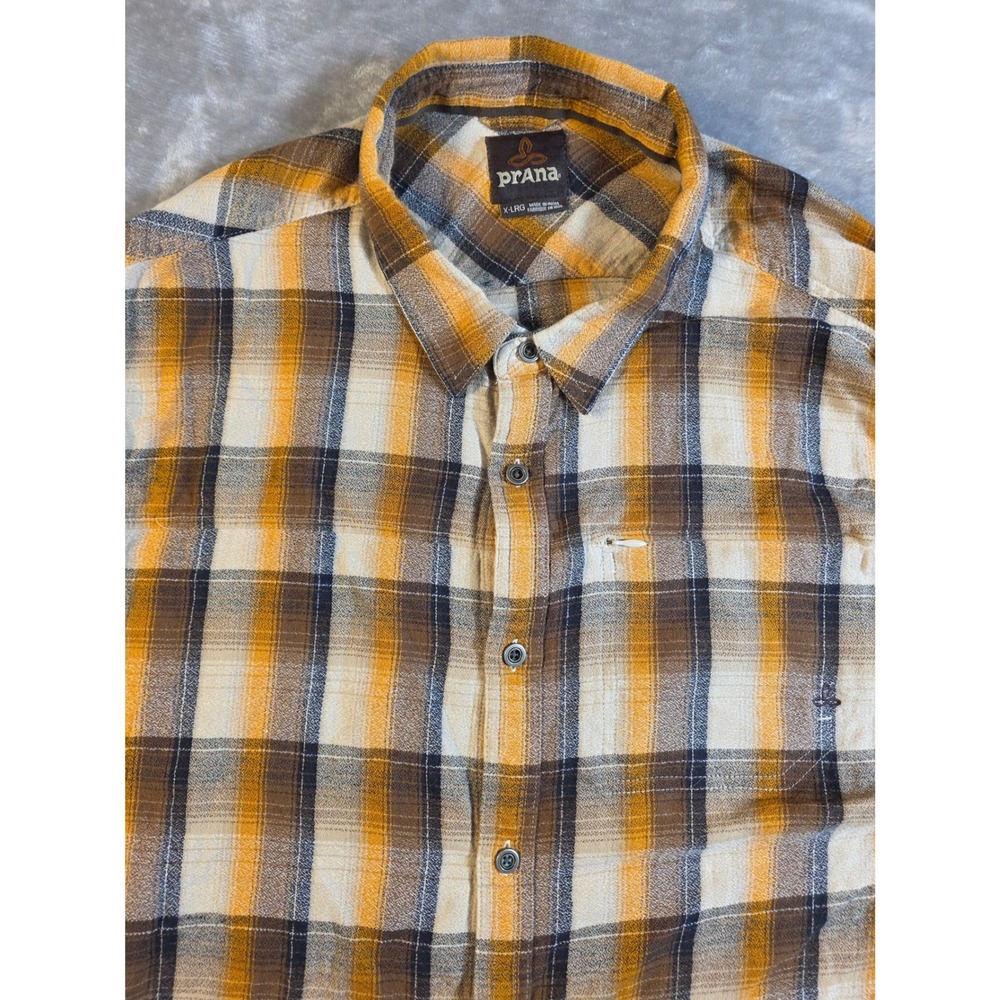 Prana Breathe Hiking Button Up‎ Shirt Mens XL Orange Brown Plaid Long Sleeve